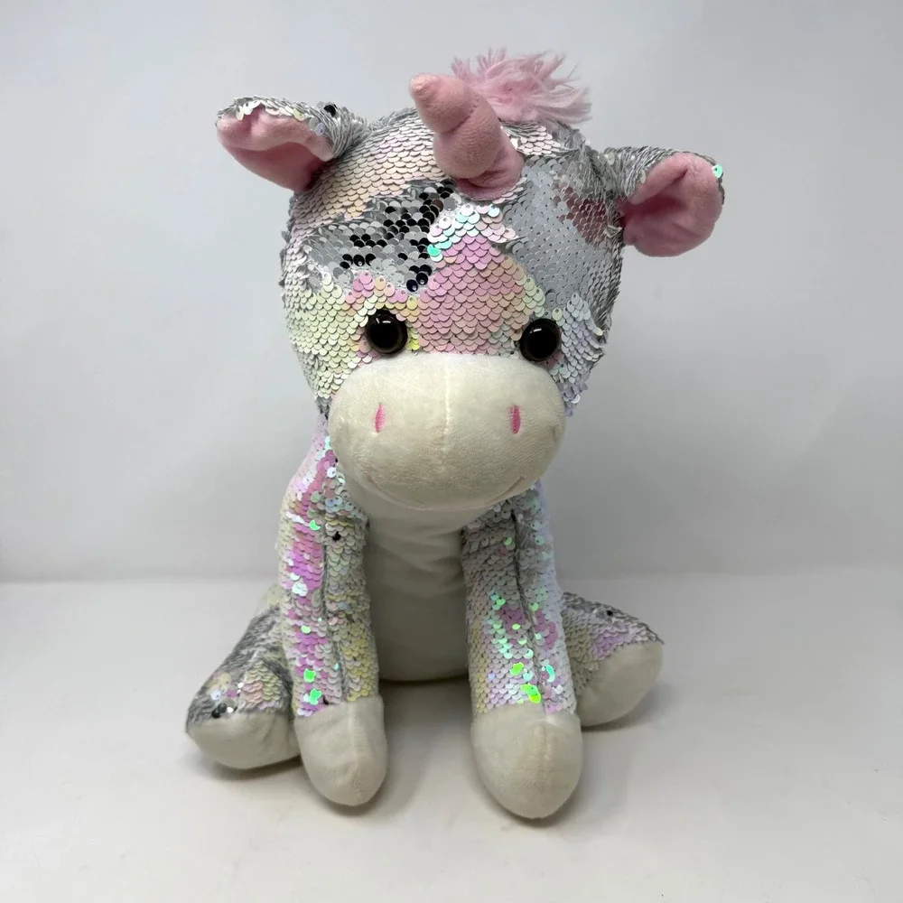 Goffa Reversible Sequin Unicorn Plush Silver Iridescent Pink 15 Inch Toy